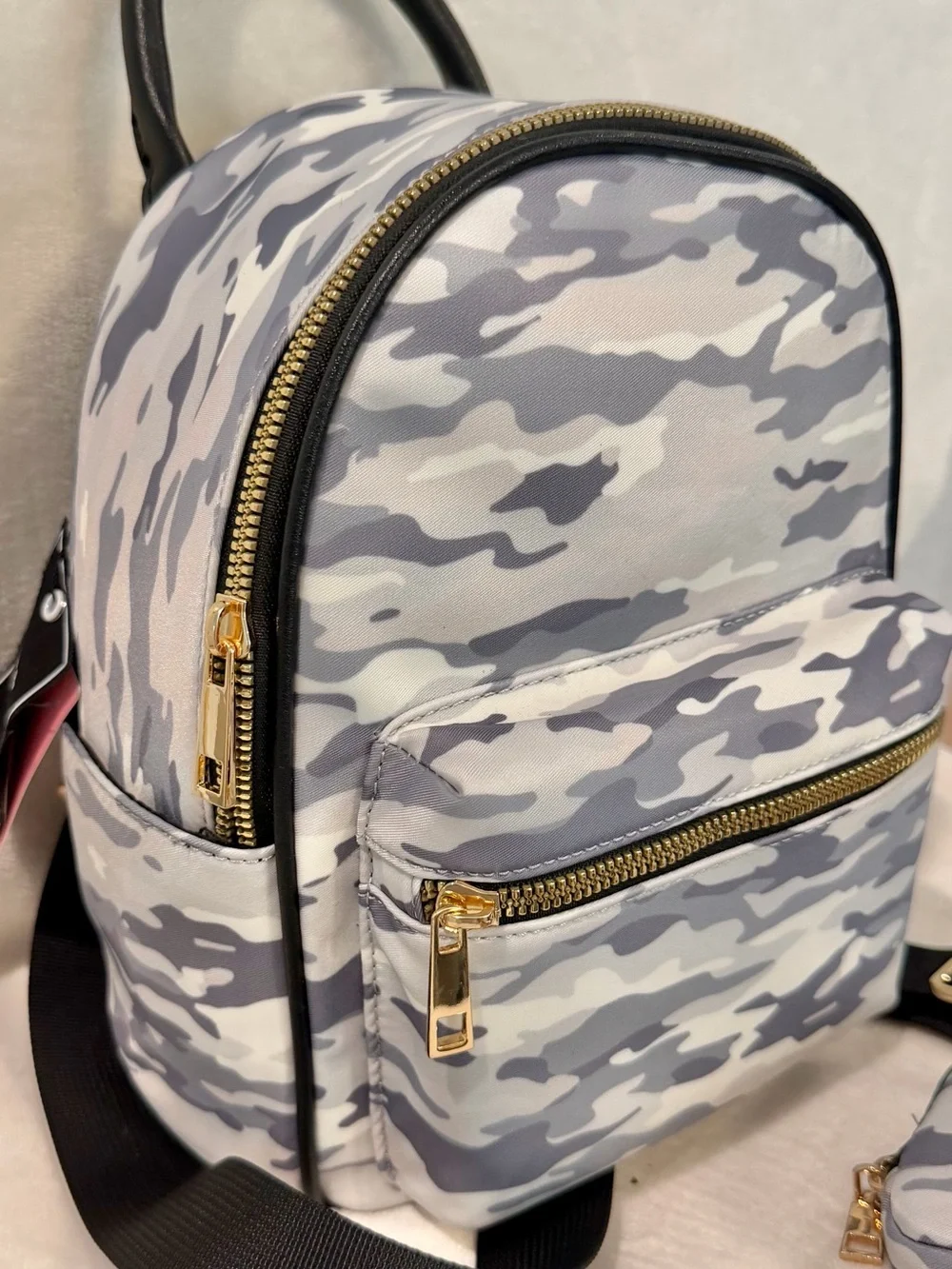 Gray Camo Mini Backpack Convertable Handbag, Adjustable Straps & Gold Hardware